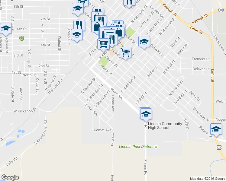 map of restaurants, bars, coffee shops, grocery stores, and more near Wyatt Avenue in Lincoln
