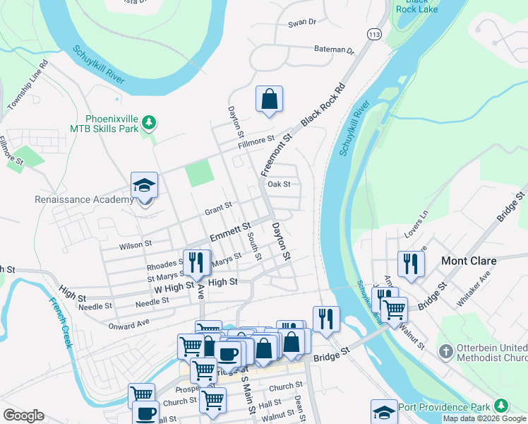 map of restaurants, bars, coffee shops, grocery stores, and more near 313 Dayton Street in Phoenixville