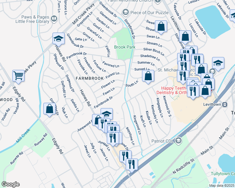 map of restaurants, bars, coffee shops, grocery stores, and more near 46 Farmbrook Drive in Levittown