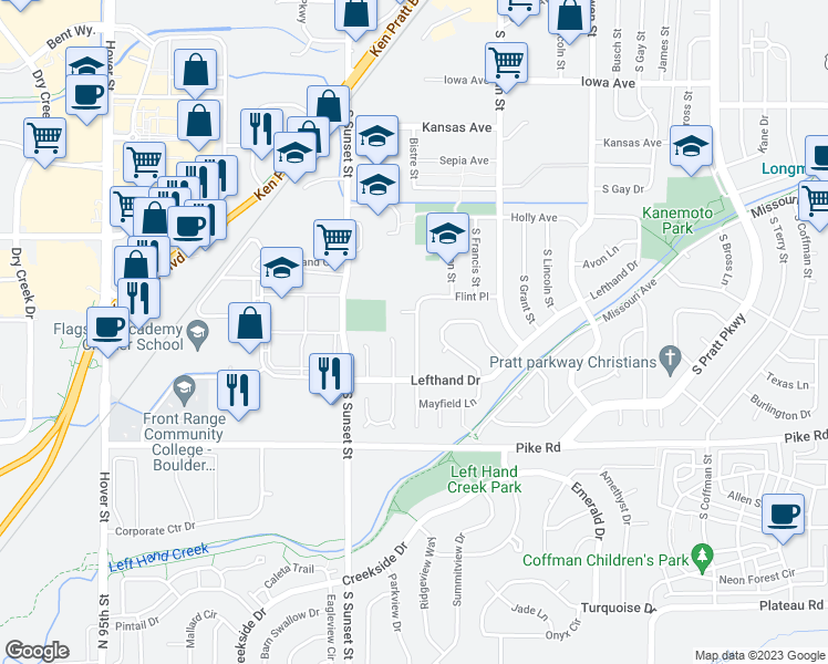 map of restaurants, bars, coffee shops, grocery stores, and more near 1503 South Vivian Street in Longmont