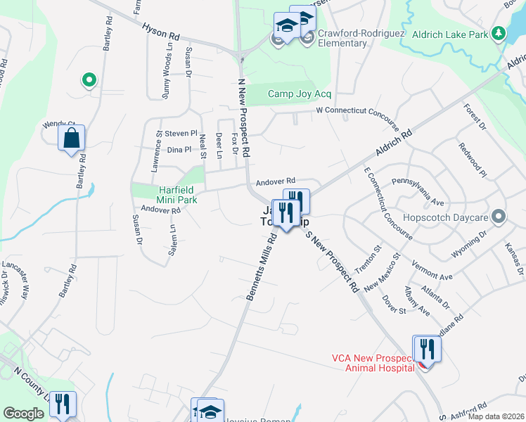 map of restaurants, bars, coffee shops, grocery stores, and more near 14 North New Prospect Road in Jackson Township