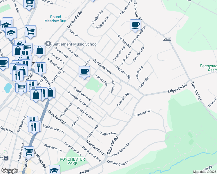 map of restaurants, bars, coffee shops, grocery stores, and more near 325 Forest Avenue in Willow Grove