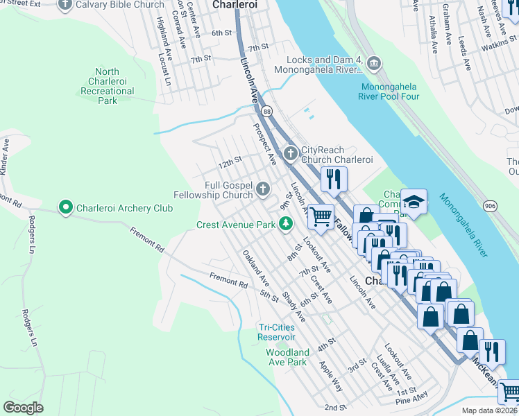 map of restaurants, bars, coffee shops, grocery stores, and more near 705 10th Street in Charleroi