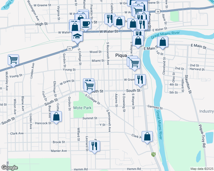 map of restaurants, bars, coffee shops, grocery stores, and more near 500 South Roosevelt Avenue in Piqua