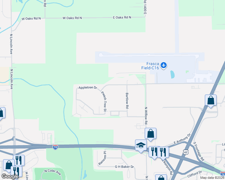 map of restaurants, bars, coffee shops, grocery stores, and more near 203 Airport Road in Urbana