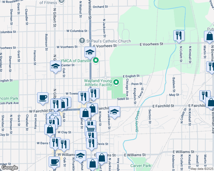map of restaurants, bars, coffee shops, grocery stores, and more near 1001 North Jackson Street in Danville