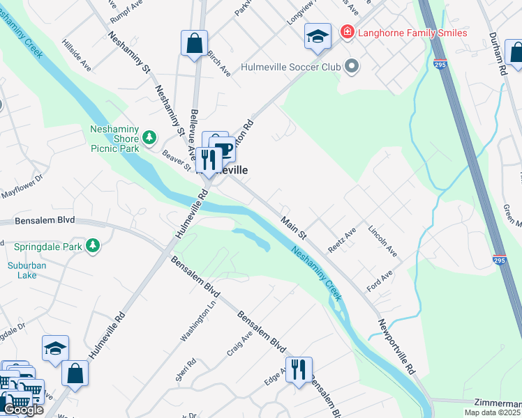 map of restaurants, bars, coffee shops, grocery stores, and more near 312 Main Street in Hulmeville