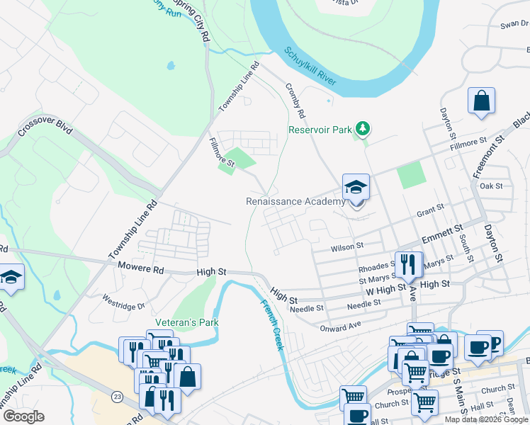 map of restaurants, bars, coffee shops, grocery stores, and more near 235 Ashburn Road in Phoenixville