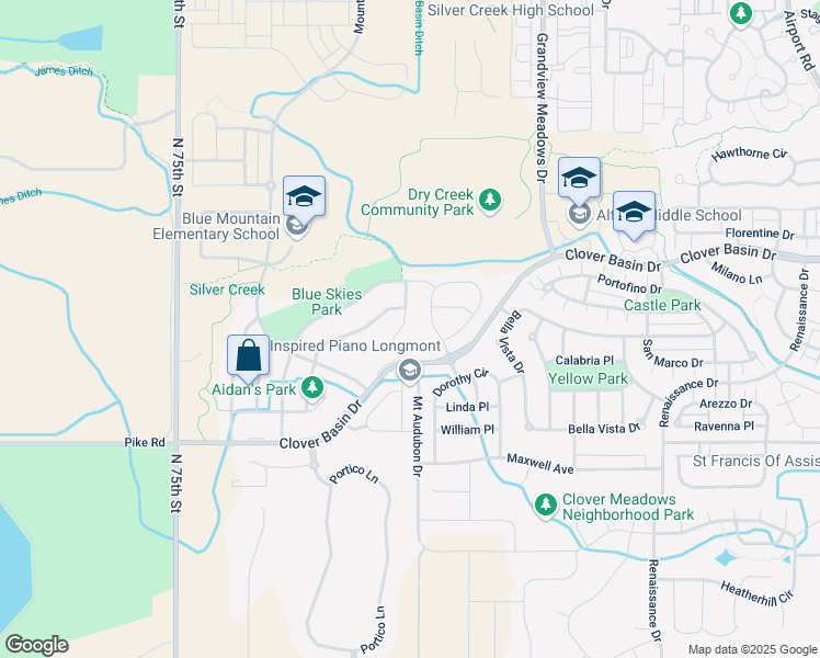map of restaurants, bars, coffee shops, grocery stores, and more near 1540 Taylor Mountain Drive in Longmont