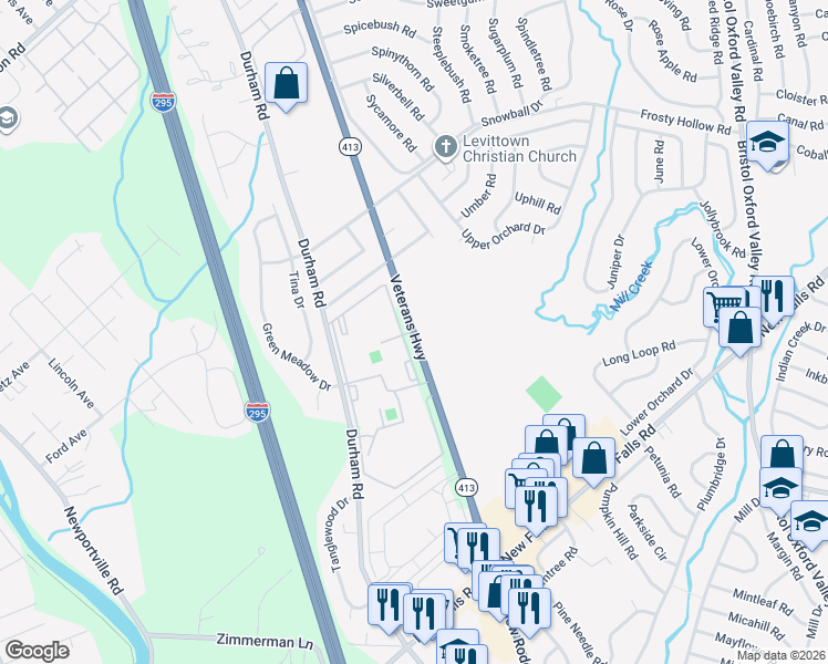 map of restaurants, bars, coffee shops, grocery stores, and more near 1970 Veterans Highway in Levittown