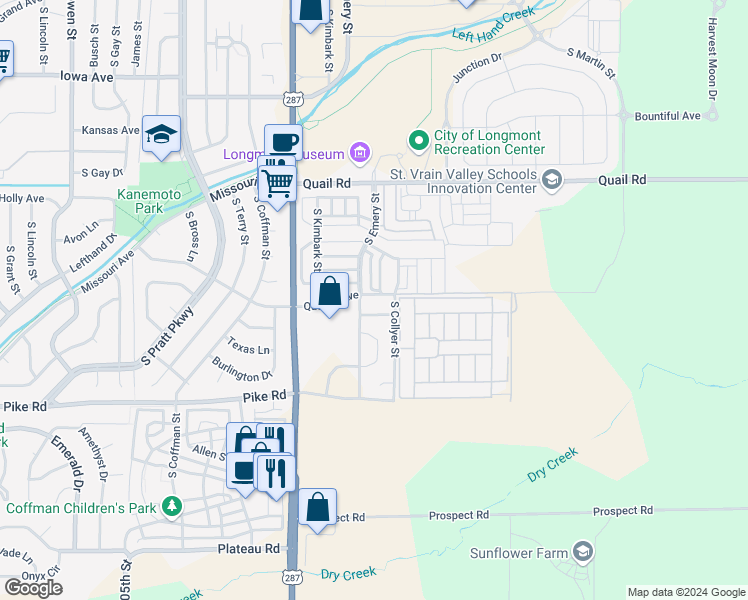 map of restaurants, bars, coffee shops, grocery stores, and more near 321 Quebec Avenue in Longmont
