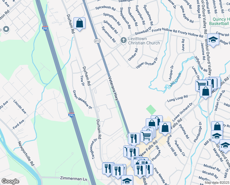 map of restaurants, bars, coffee shops, grocery stores, and more near 1997 Veterans Highway in Levittown