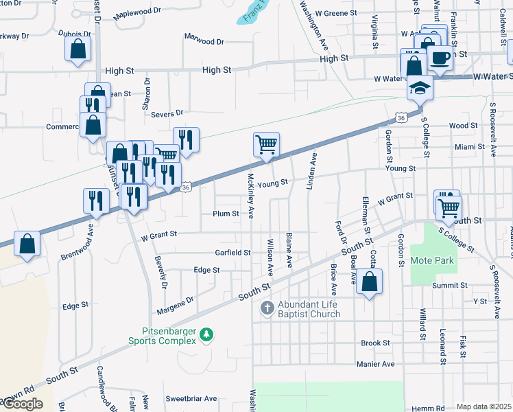 map of restaurants, bars, coffee shops, grocery stores, and more near 231 McKinley Ave in Piqua