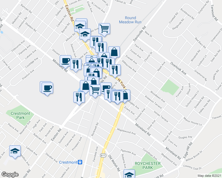 map of restaurants, bars, coffee shops, grocery stores, and more near 28 Cherry Street in Willow Grove