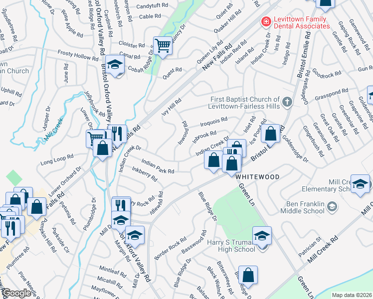 map of restaurants, bars, coffee shops, grocery stores, and more near 7 Inbrook Road in Levittown