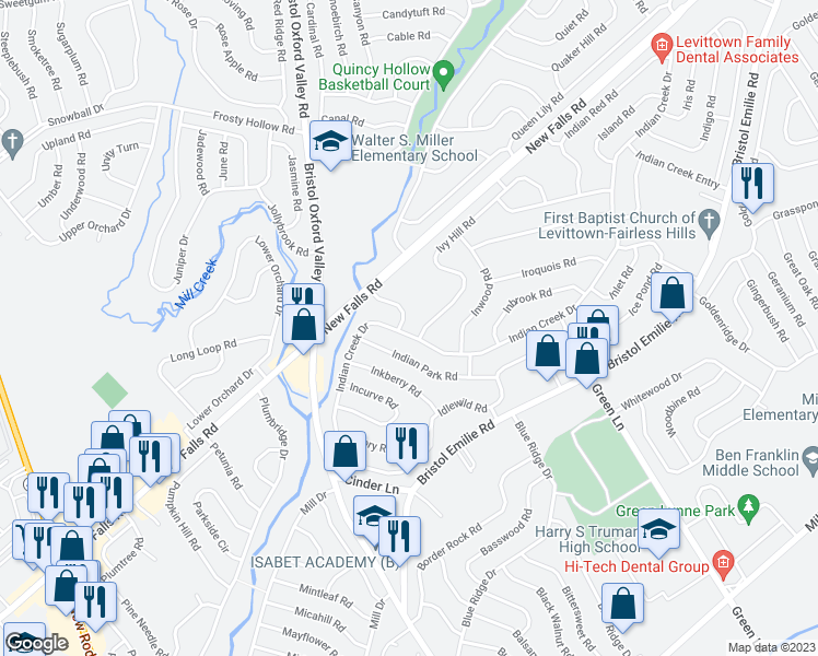 map of restaurants, bars, coffee shops, grocery stores, and more near 99 Indian Creek Pass in Levittown