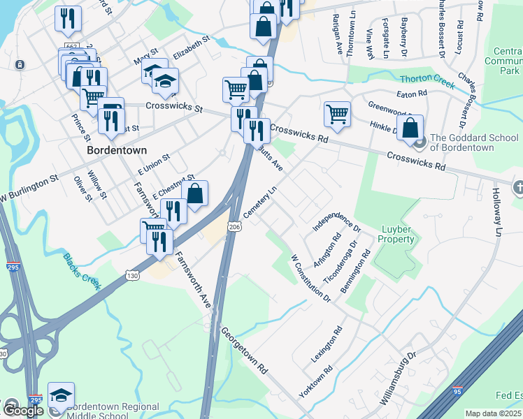 map of restaurants, bars, coffee shops, grocery stores, and more near 3 Roberts Court in Bordentown