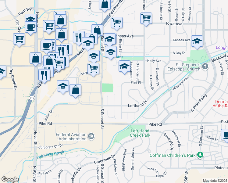 map of restaurants, bars, coffee shops, grocery stores, and more near 1509 Foster Court in Longmont