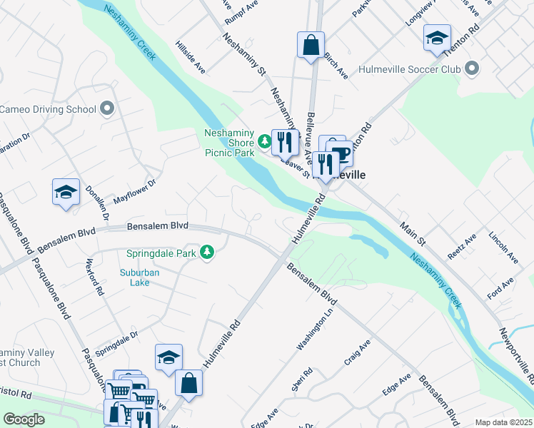 map of restaurants, bars, coffee shops, grocery stores, and more near 3200 Bensalem Boulevard in Bensalem