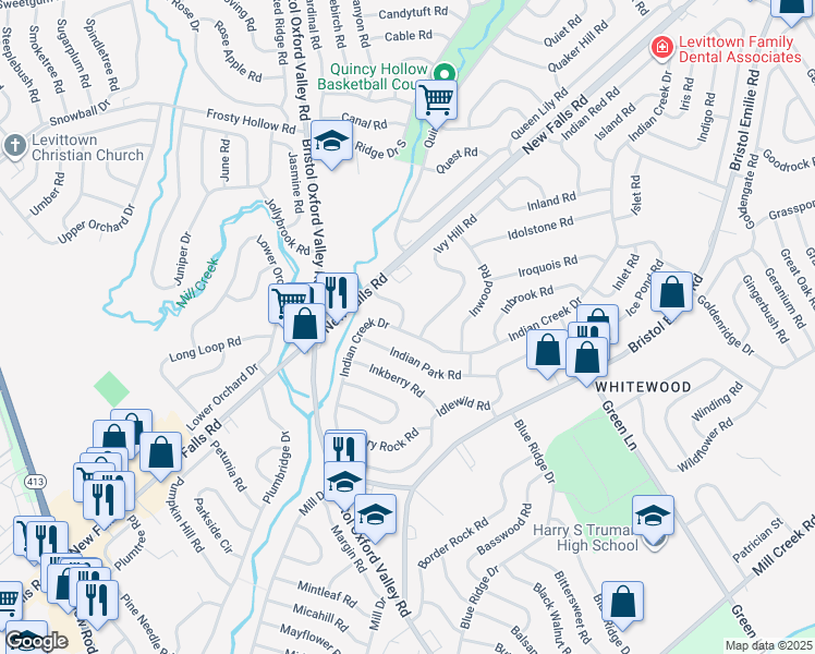 map of restaurants, bars, coffee shops, grocery stores, and more near 4 Indian Creek Pass in Levittown