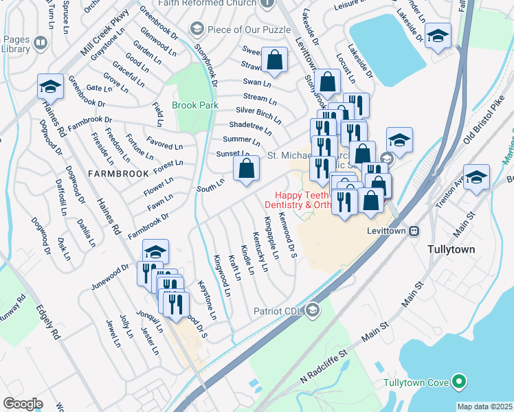 map of restaurants, bars, coffee shops, grocery stores, and more near 73 Kingapple Lane in Levittown