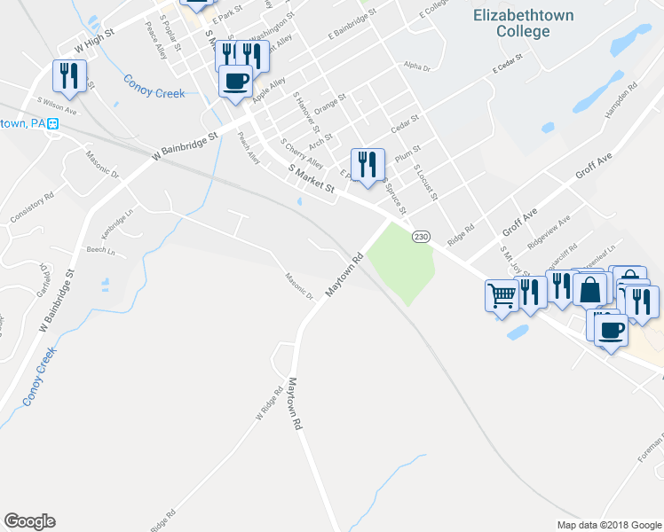 map of restaurants, bars, coffee shops, grocery stores, and more near 121 Maytown Road in Elizabethtown