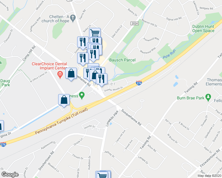 map of restaurants, bars, coffee shops, grocery stores, and more near 202 Dresher Woods Drive in Dresher