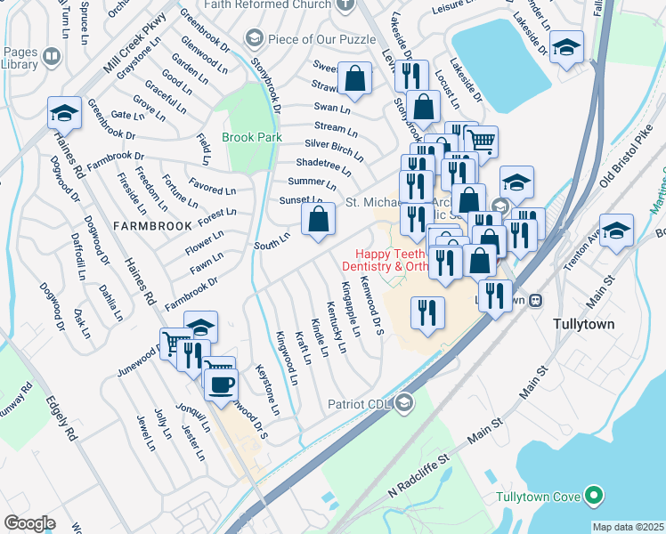 map of restaurants, bars, coffee shops, grocery stores, and more near 73 Kingapple Lane in Levittown