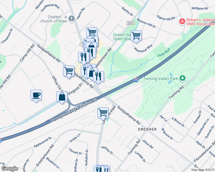 map of restaurants, bars, coffee shops, grocery stores, and more near 202 Dresher Woods Drive in Dresher