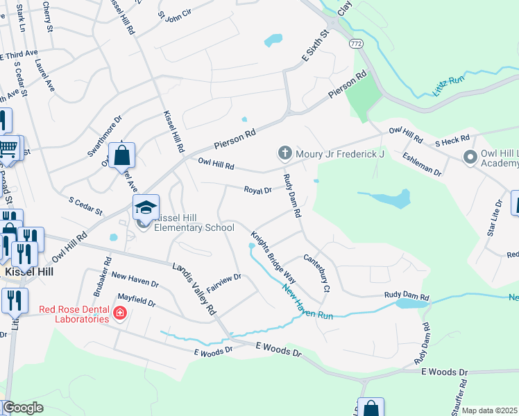 map of restaurants, bars, coffee shops, grocery stores, and more near 12 Royal Drive in Lititz