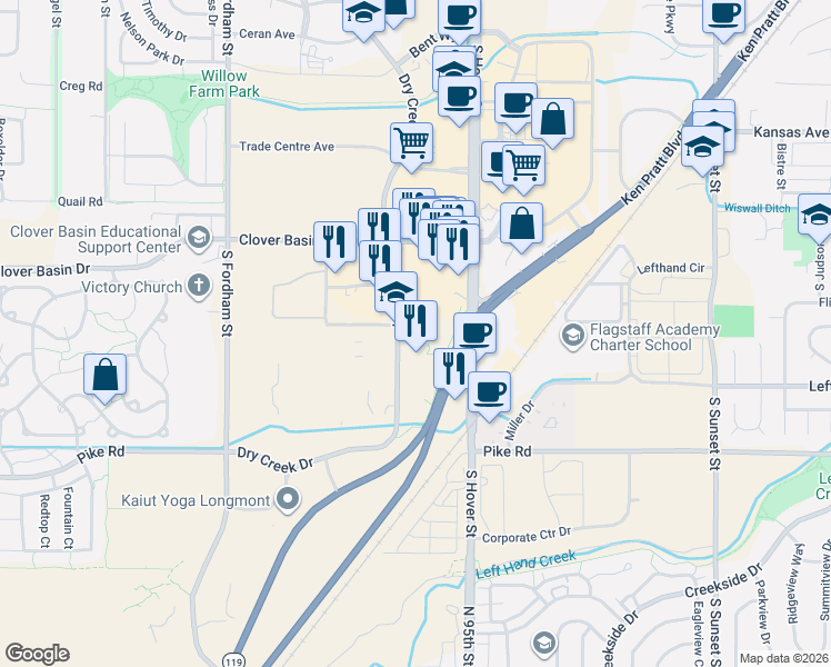 map of restaurants, bars, coffee shops, grocery stores, and more near 1400 Dry Creek Drive in Longmont
