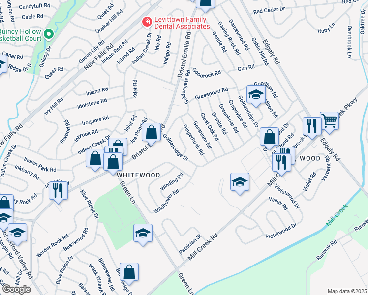 map of restaurants, bars, coffee shops, grocery stores, and more near 31 Grand Pine Road in Levittown