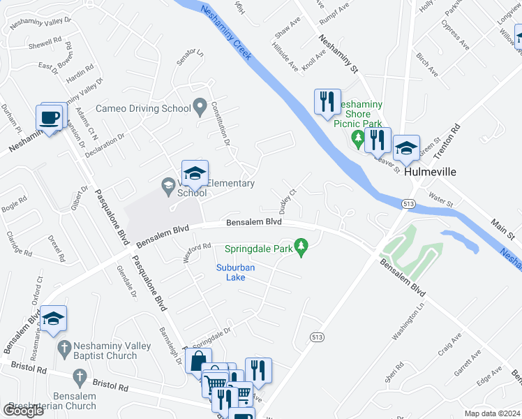 map of restaurants, bars, coffee shops, grocery stores, and more near 3106 Victoria Court in Bensalem