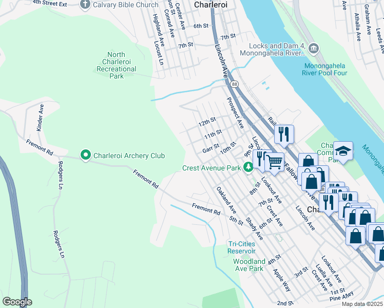 map of restaurants, bars, coffee shops, grocery stores, and more near 1023 1/2 Oakland Avenue in Charleroi