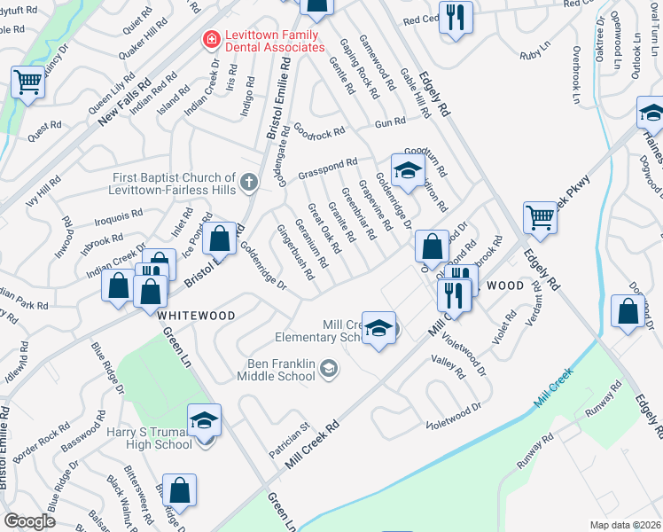map of restaurants, bars, coffee shops, grocery stores, and more near 19 Geranium Road in Levittown