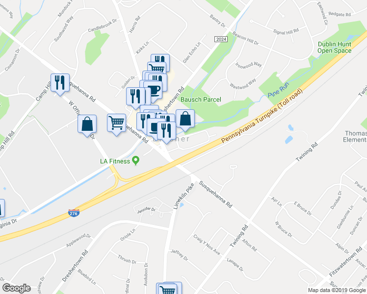 map of restaurants, bars, coffee shops, grocery stores, and more near 201 Dresher Woods Drive in Dresher