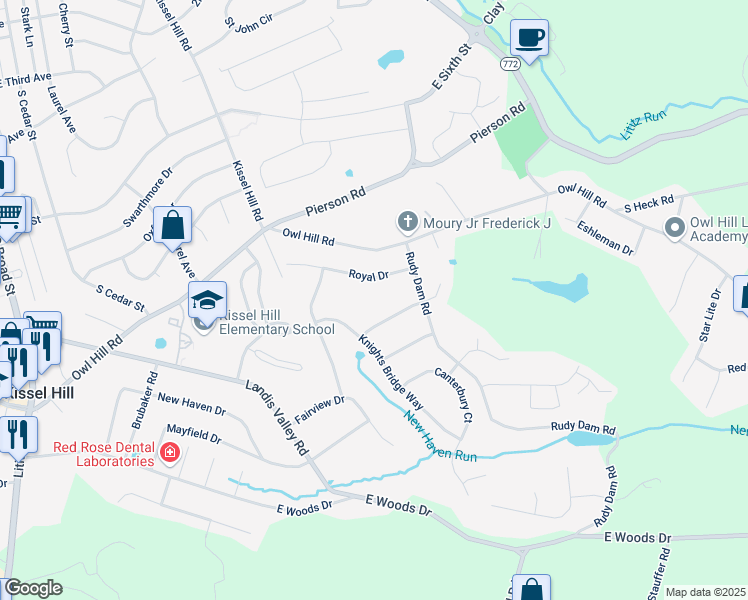 map of restaurants, bars, coffee shops, grocery stores, and more near 12 Royal Drive in Lititz