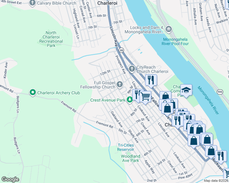 map of restaurants, bars, coffee shops, grocery stores, and more near 705 10th Street in Charleroi