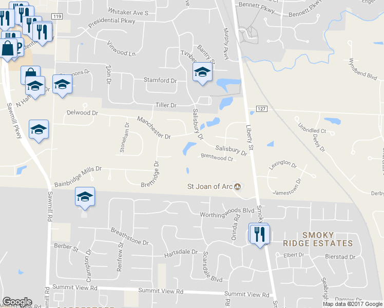 map of restaurants, bars, coffee shops, grocery stores, and more near 3372 Brentwood Court in Powell