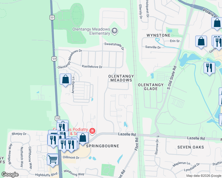 map of restaurants, bars, coffee shops, grocery stores, and more near 292 Meadow Ash Drive in Lewis Center