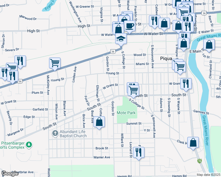 map of restaurants, bars, coffee shops, grocery stores, and more near 520 Gordon Street in Piqua