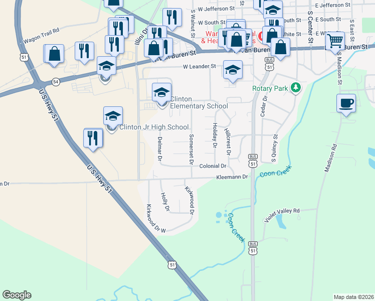 map of restaurants, bars, coffee shops, grocery stores, and more near 1 Bellaire Court in Clinton