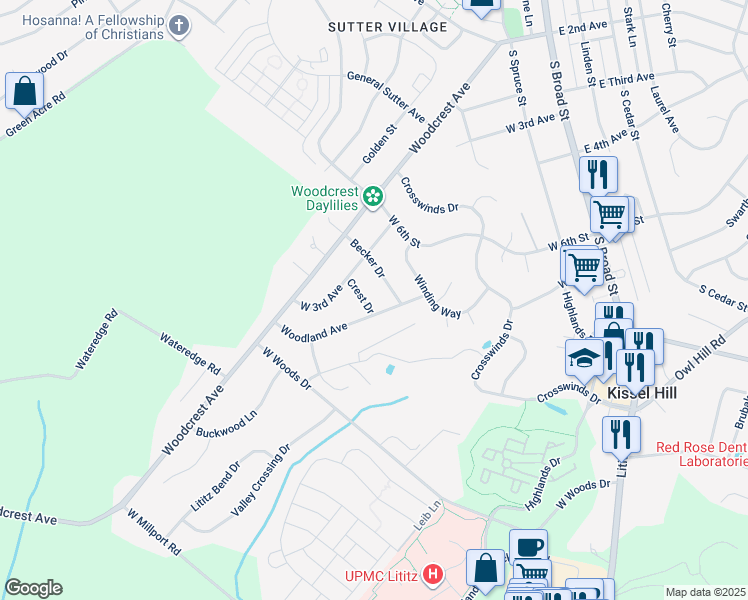 map of restaurants, bars, coffee shops, grocery stores, and more near 7 Crest Drive in Lititz