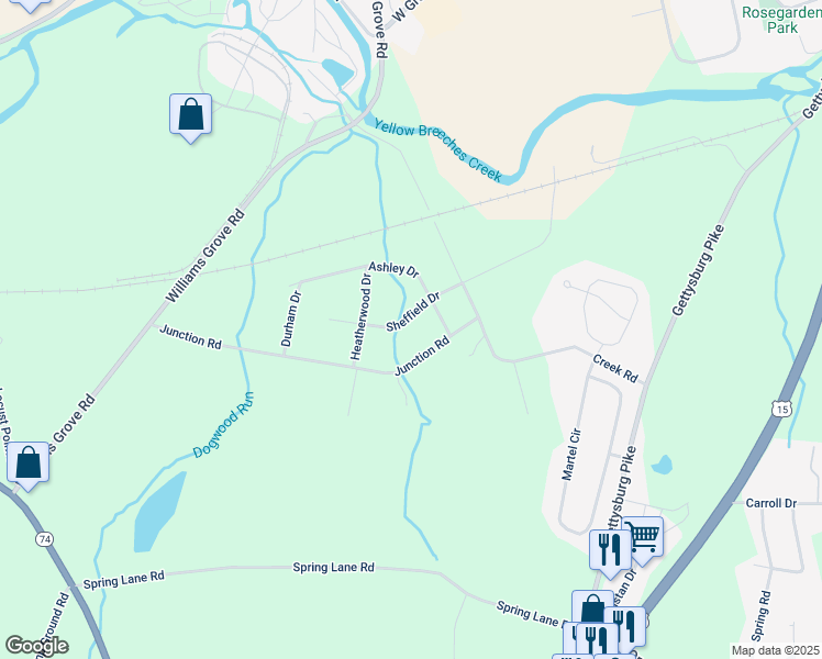 map of restaurants, bars, coffee shops, grocery stores, and more near 17 Sheffield Drive in Dillsburg