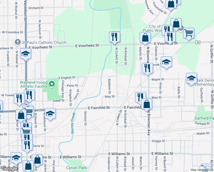 map of restaurants, bars, coffee shops, grocery stores, and more near 1000 Baldwin Street in Danville
