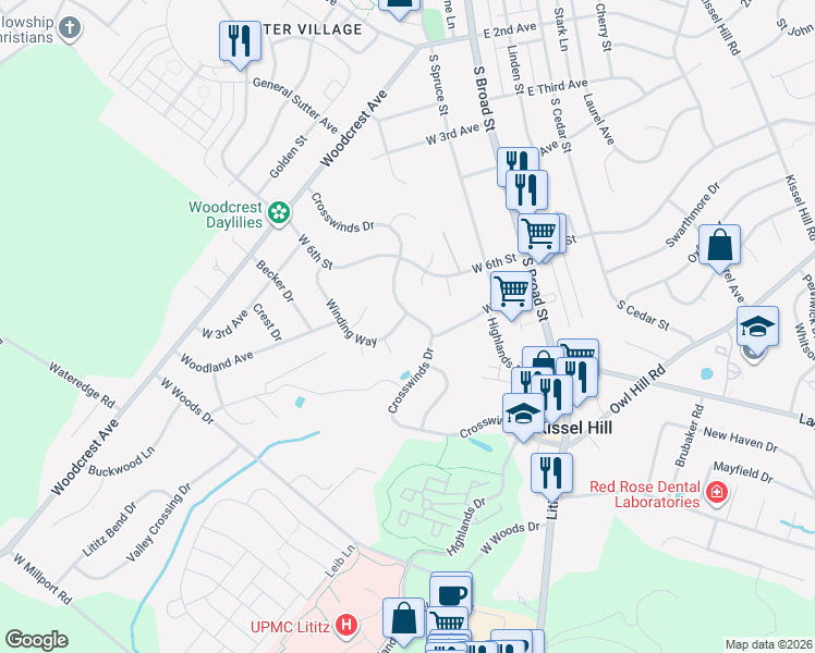 map of restaurants, bars, coffee shops, grocery stores, and more near 7 Winding Way in Lititz