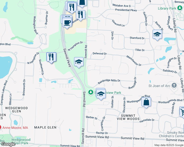 map of restaurants, bars, coffee shops, grocery stores, and more near 3971 Bradford Court in Powell