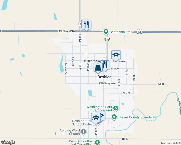 map of restaurants, bars, coffee shops, grocery stores, and more near 616 2nd Street in Deshler