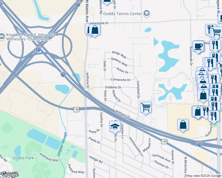 map of restaurants, bars, coffee shops, grocery stores, and more near 1601 Dobbins Drive in Champaign