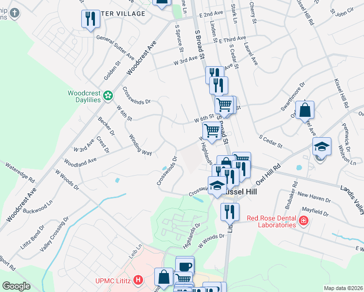 map of restaurants, bars, coffee shops, grocery stores, and more near 455 Crosswinds Drive in Lititz